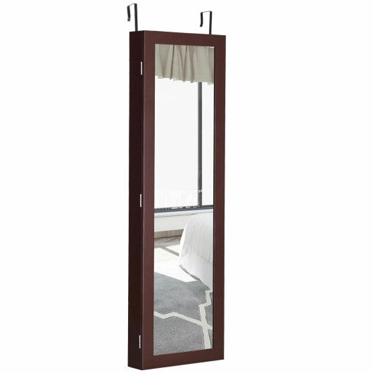Costway Full Length Mirror Jewelry Cabinet with Ring Slots and Necklace Hooks-Dark Brown LuxuryLifeWay Online Store