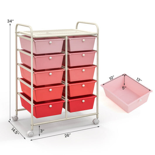 Costway 10-Drawer Rolling Storage Cart-Gradient Pink LuxuryLifeWay Online Store