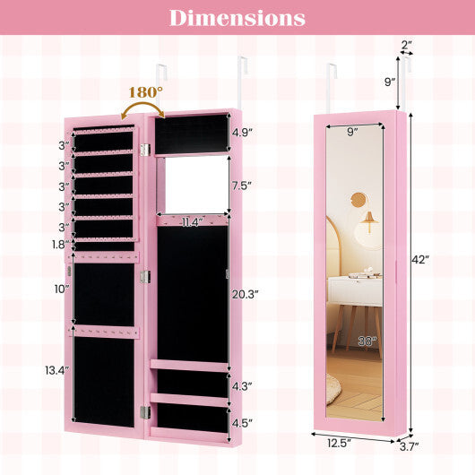 Costway Jewelry Cabinet Wall or Door Mounted Jewelry Armoire Modern Hanging Jewelry Organizer-Pink LuxuryLifeWay Online Store