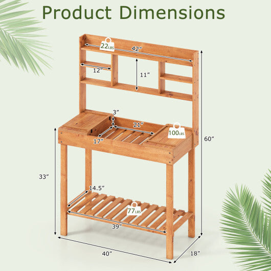 Costway Potting Bench Table with Flip-up Tabletop Storage Shelves for Patio Porch Balcony Brown LuxuryLifeWay Online Store