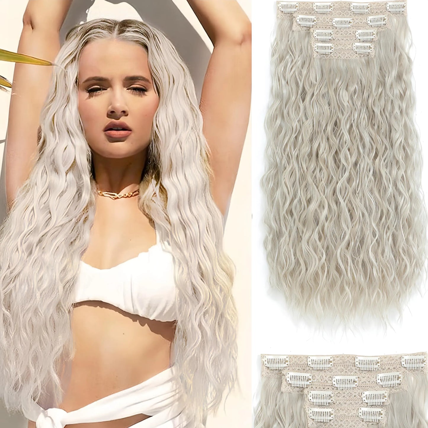 Silver Platinum Clip in Hair Extensions Hair Extensions Clip Ins 18 Inch Synthetic Curly Wavy Hair Extensions Long Thick Clip on Hair Extensions for Women Hairpieces(Silver Platinum)