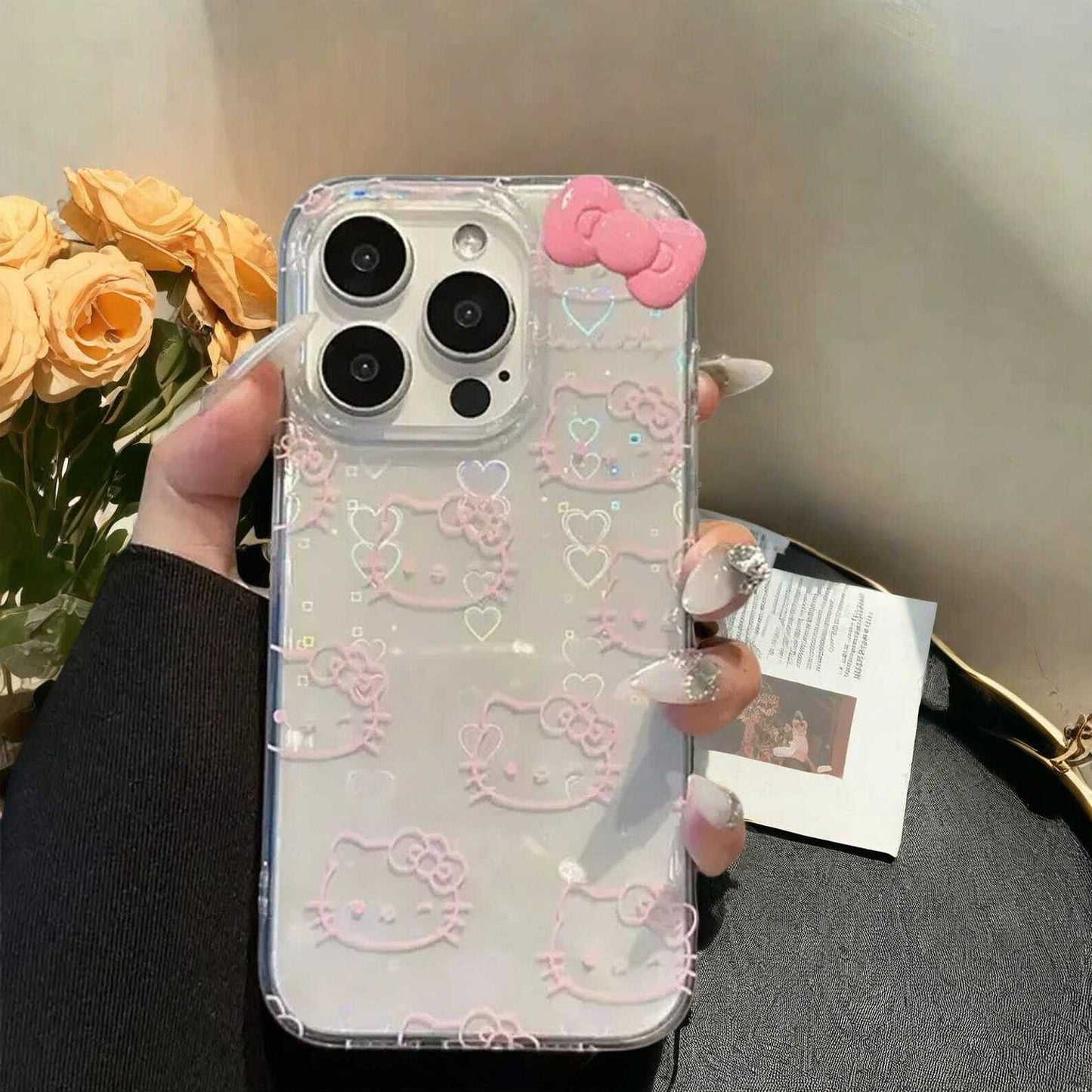 Cute Kitty Bow Kawaii Holder Case for iPhone 16 15 14 13 12 11 Pro Max Plus - Cute Bow Laser Protective Cover with Handy Grip Holder LuxuryLifeWay Online Store