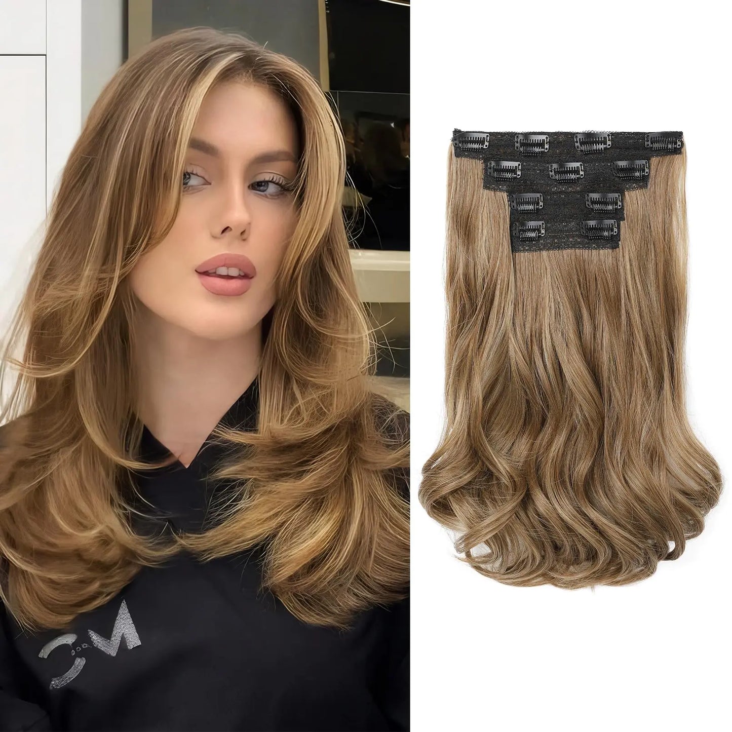 REECHO Clip in Hair Extensions 4PCS Lace Weft Hair Extensions 14" Short Wavy Hair Extensions Invisible Hair Extensions Clip Ins Natural Soft Hairpieces for Women Light Brown with Blonde Highlights