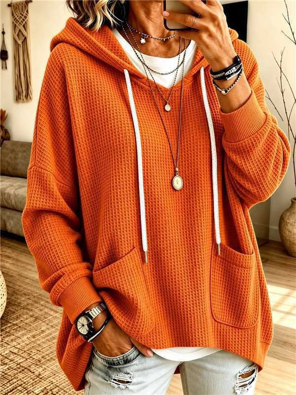 2026 European And American Women's Clothing Amazon Independent Station Waffe Loose Long Sleeve Hoodie Casual Hooded NorixaFashion.com