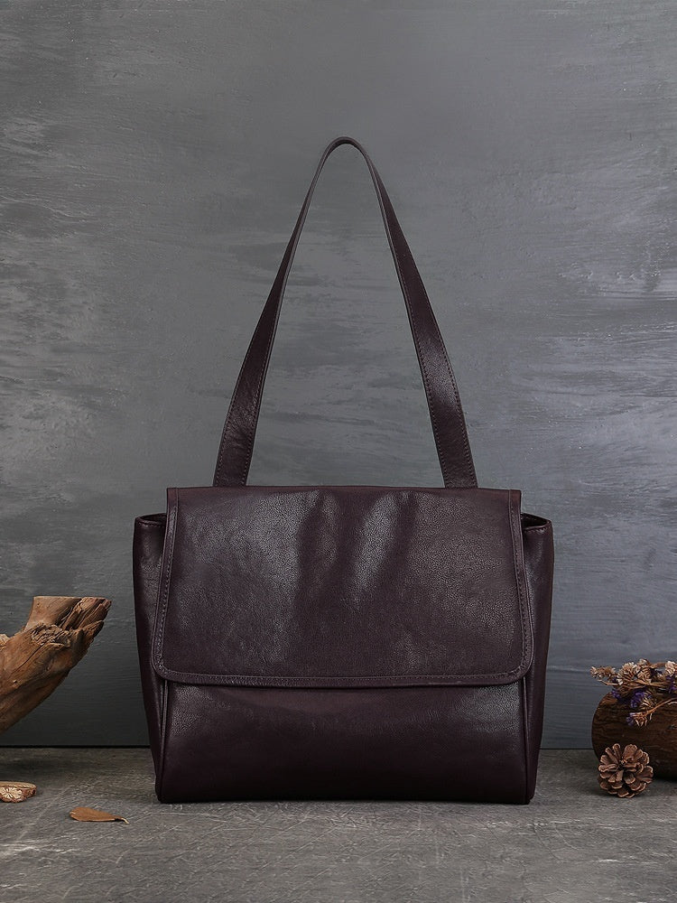 Solid Color Cowhide Tote Bag Simple Commute Shoulder Messenger Bag For Women LadyShow.Store