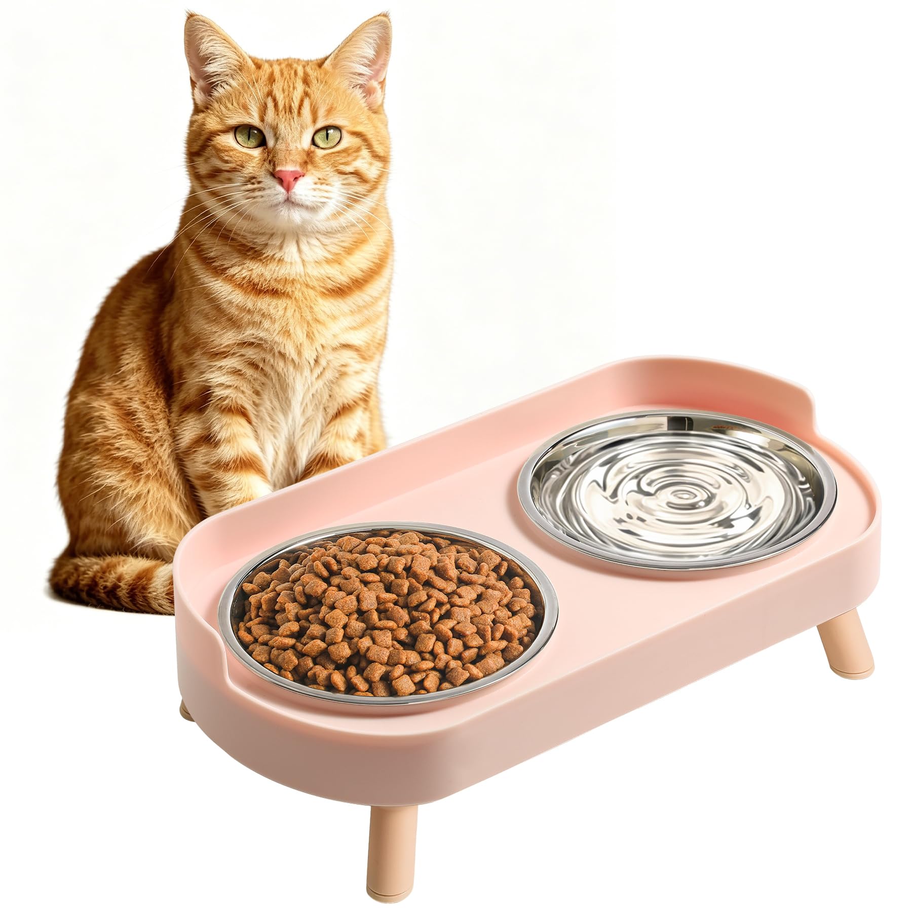 Elevated Cat Bowls Set - Raised Cat Food And Water Bowl Set With Non Slip Stand - Pet Feeding Station With 2 Stainless Steel Bowls Pets Fashion