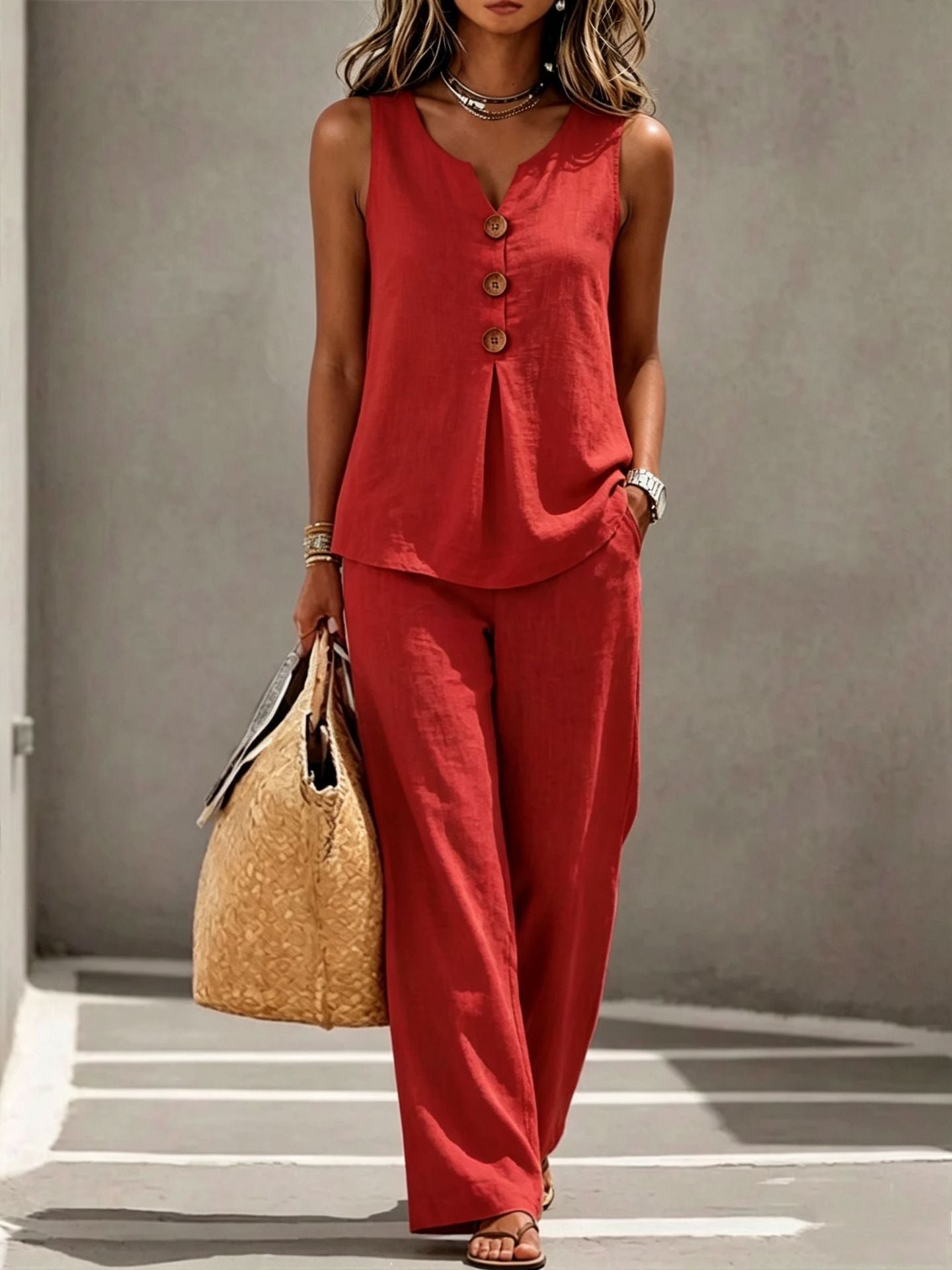 Womens V-neck Buttoned Sleeveless Vest Top Set Two-piece Outfit NorixaFashion.com