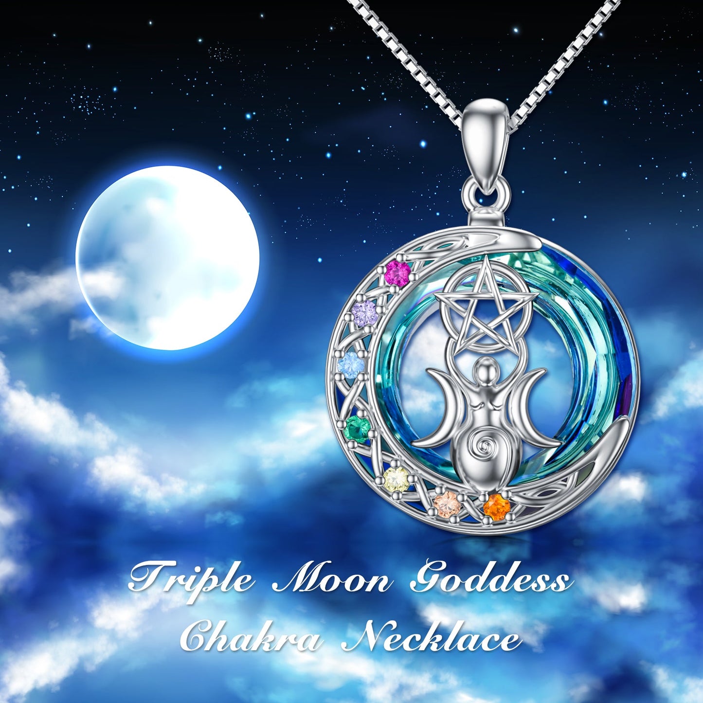 Chakra Triple Moon Goddess Crystal Necklace In White Gold Plated Sterling Silver LadyShow.Store