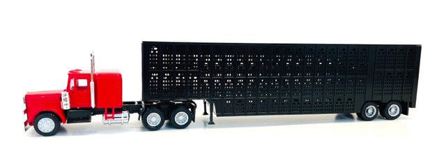 Peterbilt with Sleeper Cab Red with Black Livestock Trailer 1/87 (HO) Plastic Model Car by Promotex LuxuryLifeWay Online Store