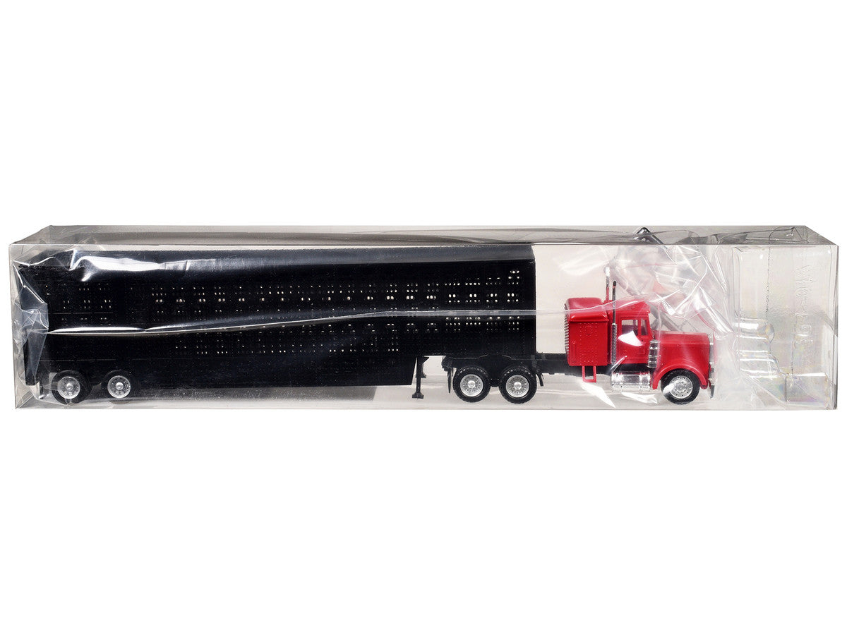 Peterbilt with Sleeper Cab Red with Black Livestock Trailer 1/87 (HO) Plastic Model Car by Promotex LuxuryLifeWay Online Store