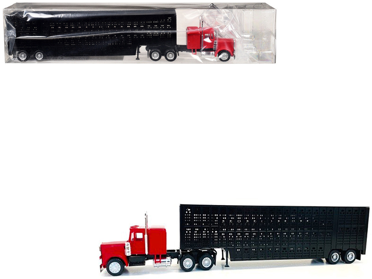Peterbilt with Sleeper Cab Red with Black Livestock Trailer 1/87 (HO) Plastic Model Car by Promotex LuxuryLifeWay Online Store