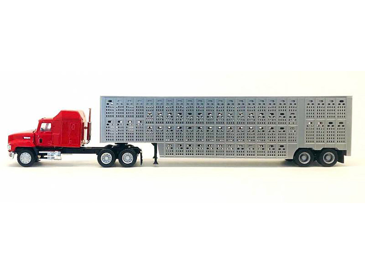 Mack CH 613 with Sleeper Cab Red with Silver Livestock Trailer 1/87 (HO) Plastic Model Car by Promotex LuxuryLifeWay Online Store