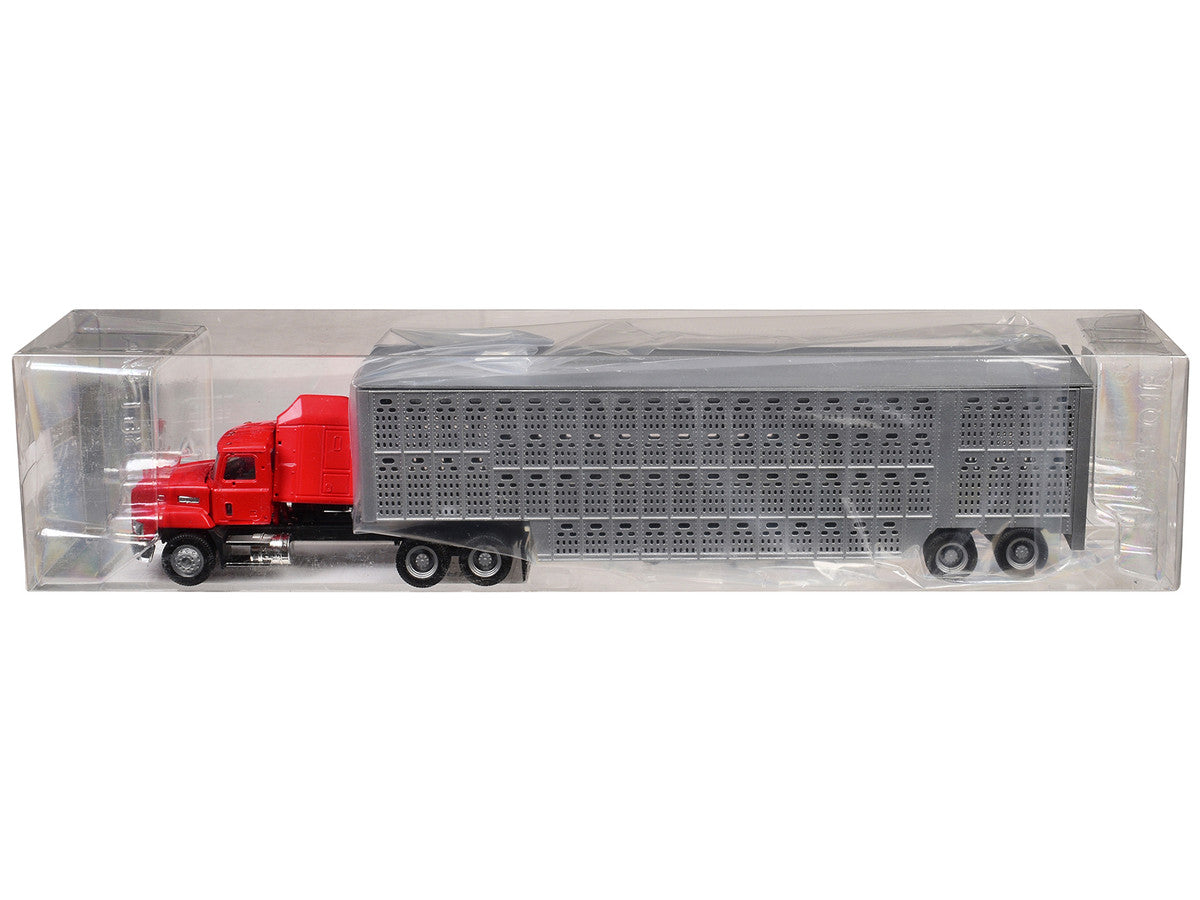 Mack CH 613 with Sleeper Cab Red with Silver Livestock Trailer 1/87 (HO) Plastic Model Car by Promotex LuxuryLifeWay Online Store