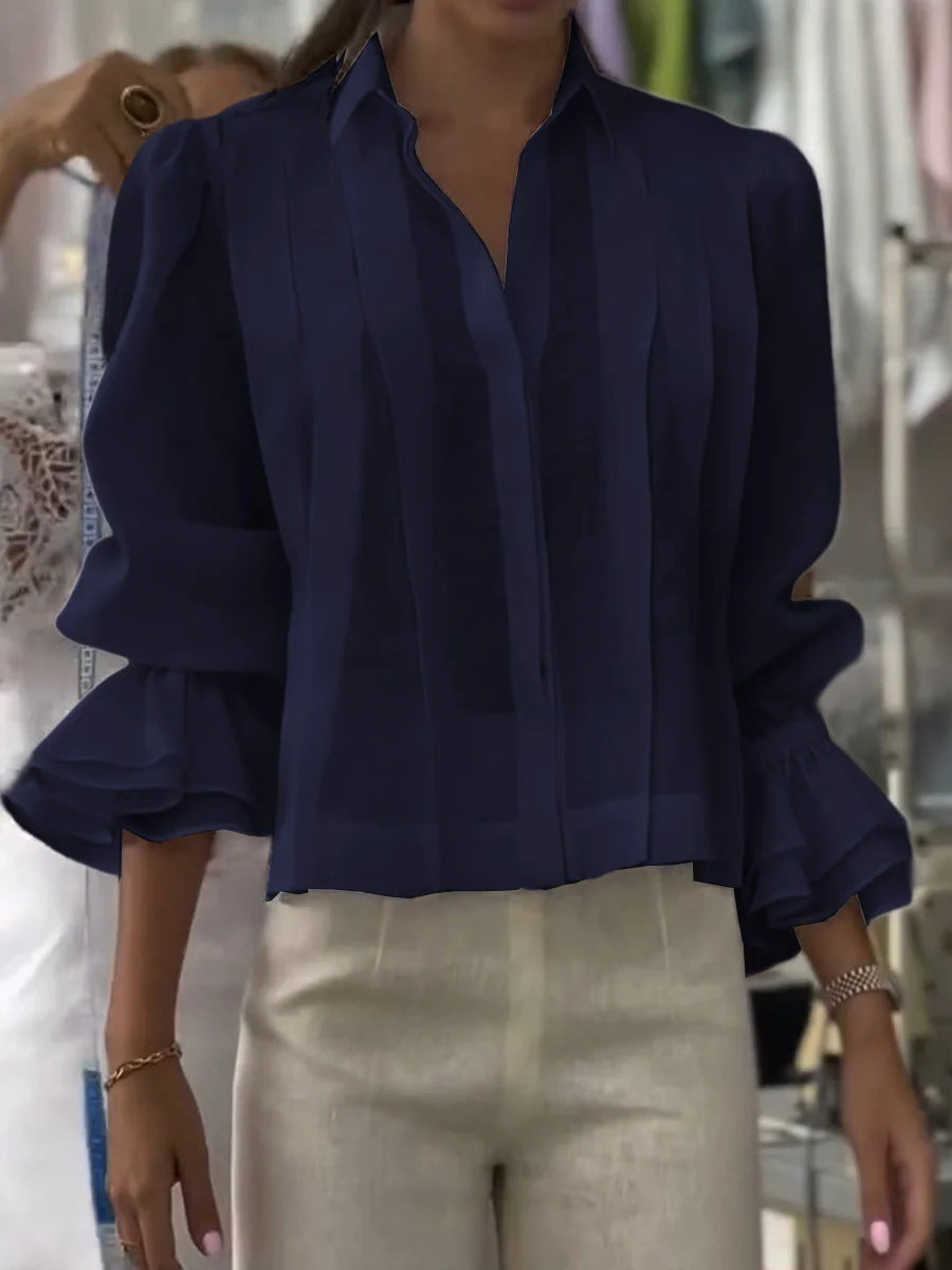 Pleated Solid Color Stitching Short Sleeve Shirt NorixaFashion.com
