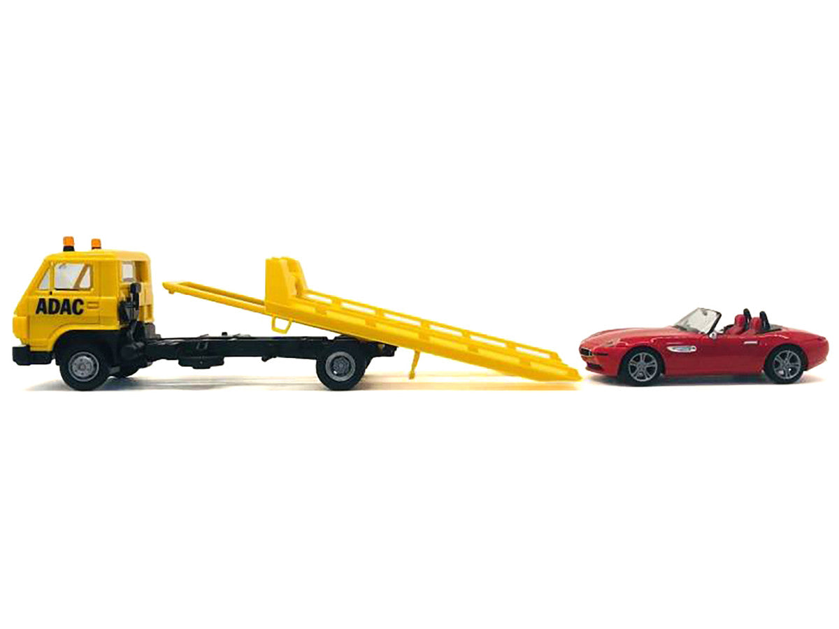 Flatbed Tow Truck "ADAC" Yellow and BMW Z4 Convertible Red Set of 2 pieces 1/87 (HO) Plastic Model Cars by Promotex LuxuryLifeWay Online Store