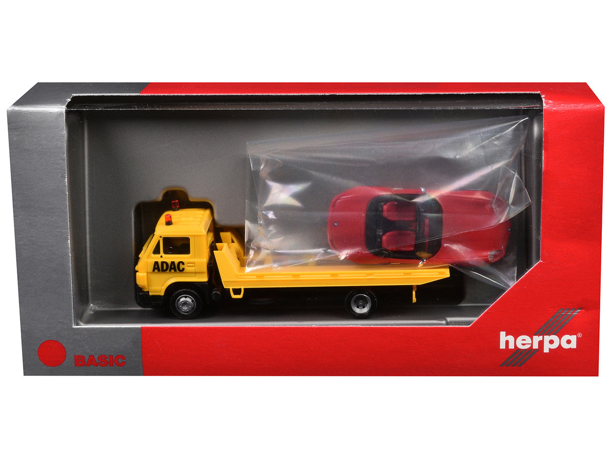 Flatbed Tow Truck "ADAC" Yellow and BMW Z4 Convertible Red Set of 2 pieces 1/87 (HO) Plastic Model Cars by Promotex LuxuryLifeWay Online Store