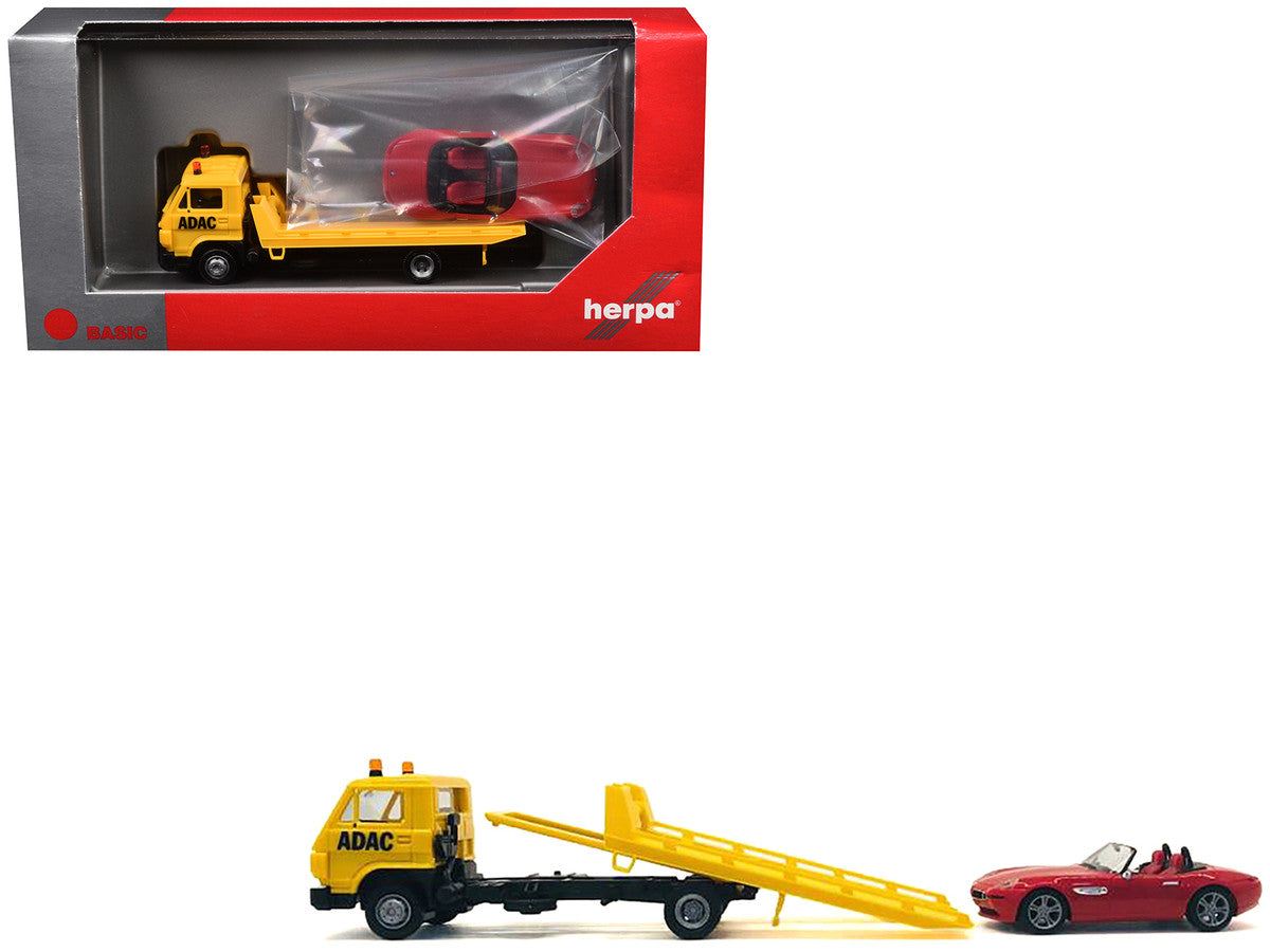 Flatbed Tow Truck "ADAC" Yellow and BMW Z4 Convertible Red Set of 2 pieces 1/87 (HO) Plastic Model Cars by Promotex LuxuryLifeWay Online Store