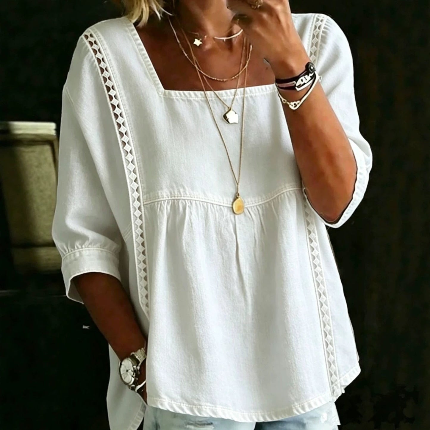 Denim And Lace Patchwork Blouse European And American Style NorixaFashion.com