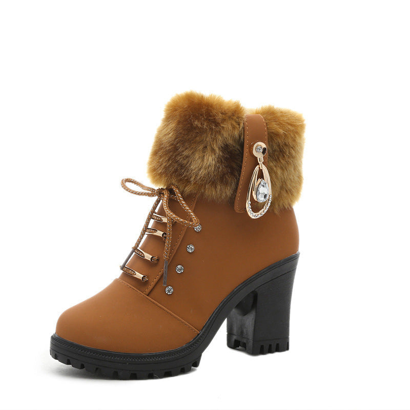 Plush Martin Boots With Lace Up High Heels LadyShow.Store