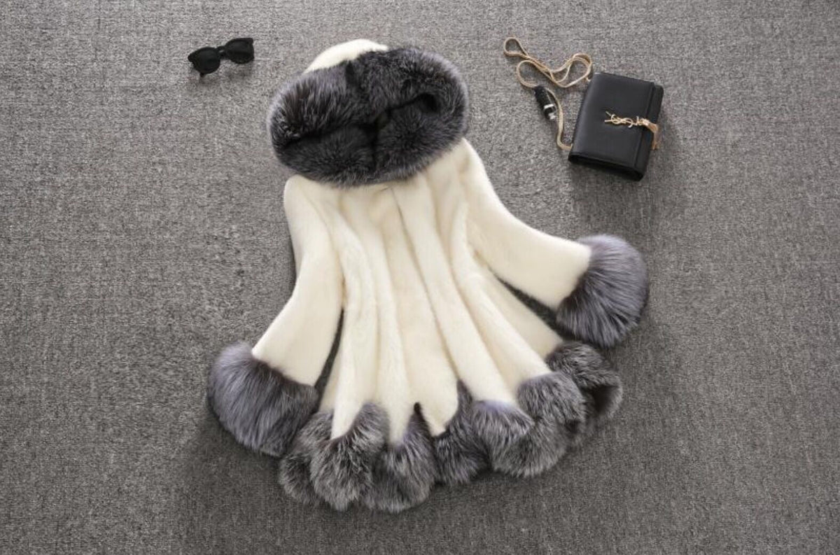 Faux Fur Women's White Rabbit Fur Mink Fur Winter Hooded Coat NorixaFashion.com