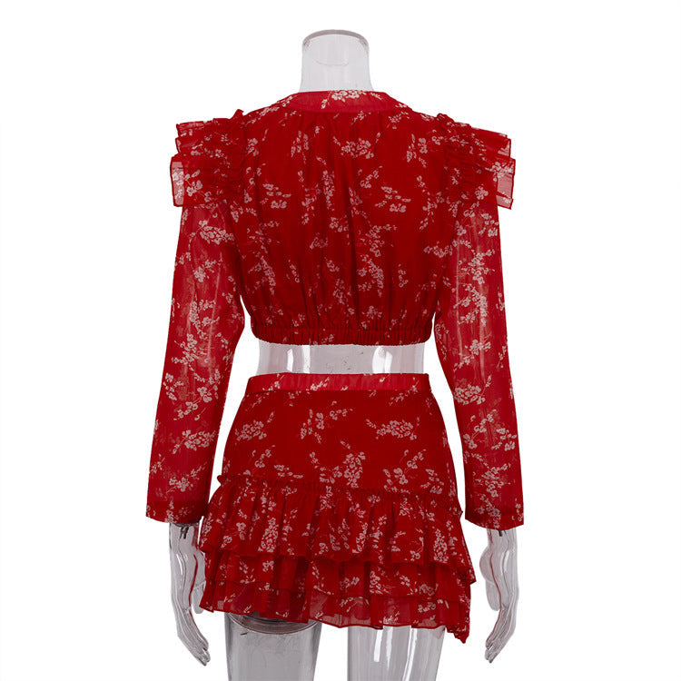 Round Neck Long-sleeved Cropped Top And Printed Skirt Two-piece Set NorixaFashion.com