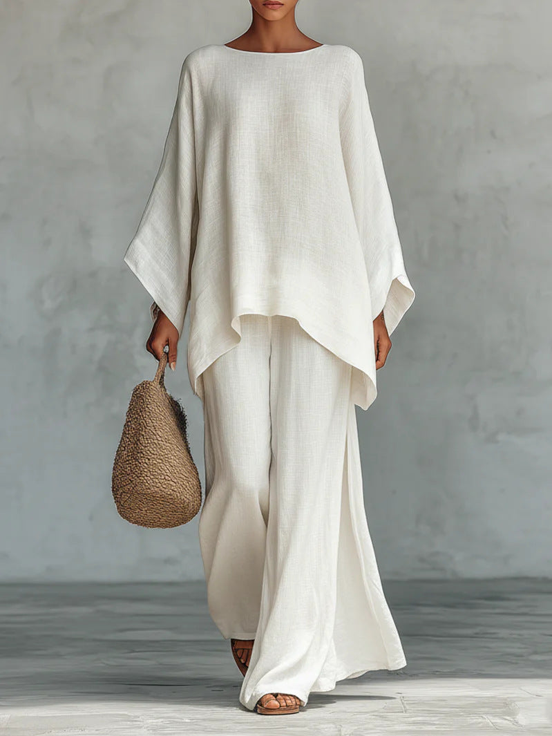 Casual 2-piece Set Loose Long-sleeved Wide-leg Trousers For Womens Minimalist Relaxed-fit Top And Wide-leg Pants Set For Daily Wear Work Vacation Outfits NorixaFashion.com