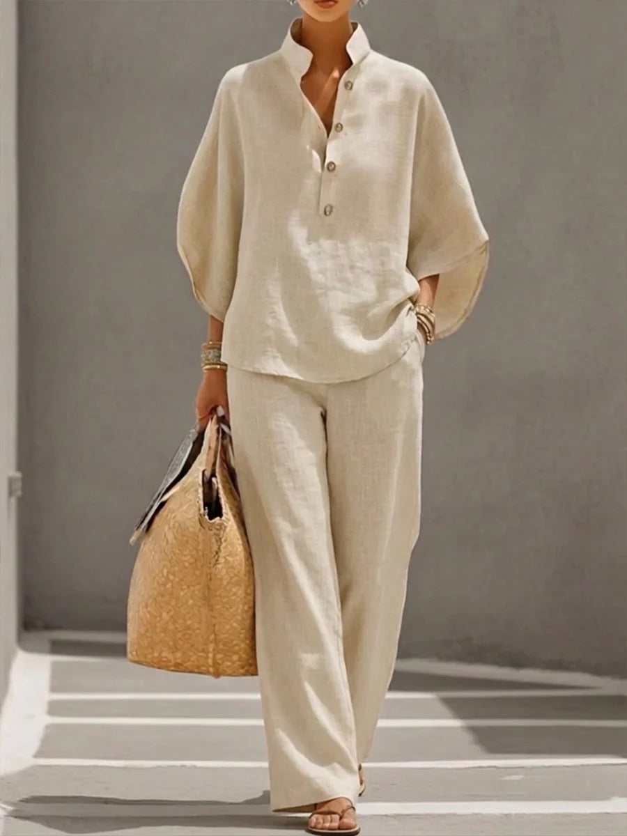 Women's Short-sleeved Suit Summer Loose Pullover Top And Straight-leg Trousers Outfit Clothing NorixaFashion.com