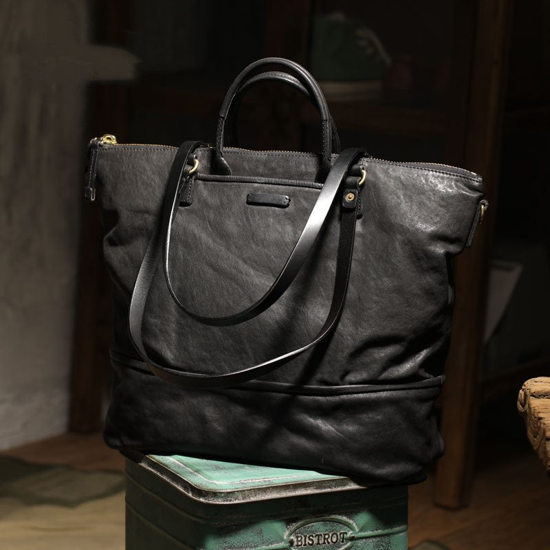 Daily Outdoor Large-capacity Travel Handmade Vegetable Tanned Cowhide Handbag Shoulder Tote Bag LadyShow.Store