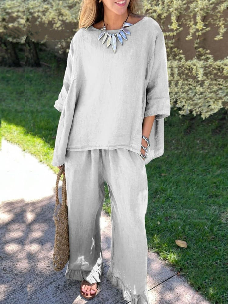 Cotton And Linen Women's Fashion Loose Trousers Two-piece Suit NorixaFashion.com