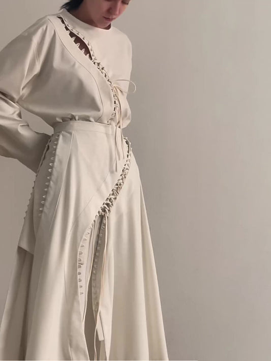 Cream Lace-Up Detail Top And Asymmetric Maxi Skirt Set NorixaFashion.com