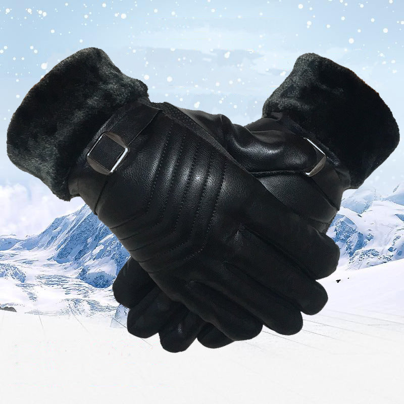 Winter Leather Gloves For Men And Women Velvet Thickened Cold-proof Warm Cycling Anti-slip Touch-screen Large Fleece Gloves