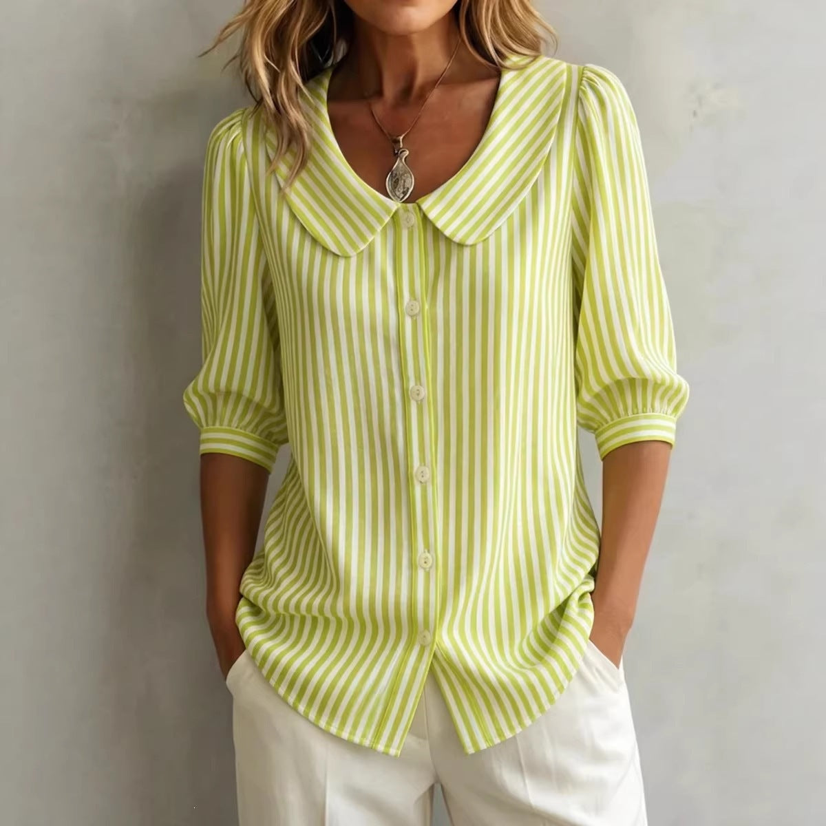 Mid-sleeve Striped V-neck Shirt Top T-shirt Womens Clothing LadyShow.Store