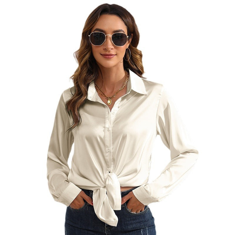 Women's Solid Color Satin Satin Long Sleeve Blouse NorixaFashion.com