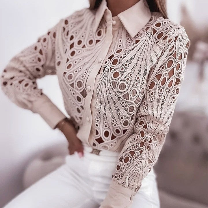 Versatile Commuter Lace Hollow-out Long Sleeve Shirt For Women LadyShow.Store
