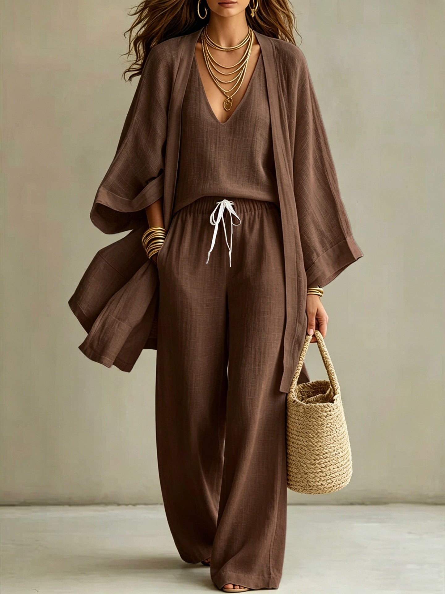Womens Casual Three-piece Set Nine-quarter-sleeve Cardigan Sleeveless Vest And Long Pants NorixaFashion.com