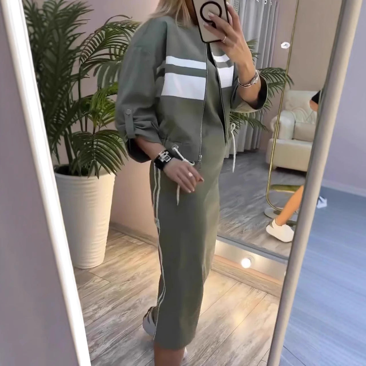 Casual Zipper White Stripe Edge Jacket Coat Dress Women's Suit LuxuryLifeWay Online Store