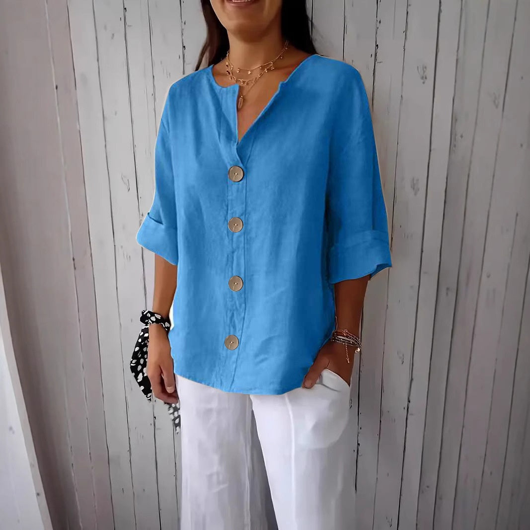 Loose-fit Women's V-neck Cotton-Linen Button T-shirt Top LadyShow.Store