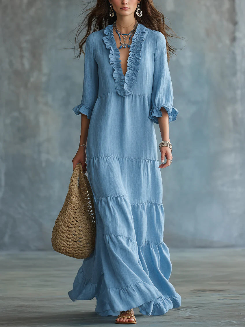 Womens V-neck Layered Casual Flowing Maxi Dress With Ruffled Hem NorixaFashion.com