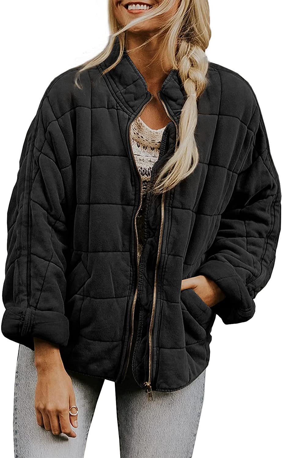 Winter Zip-up Stand Collar Coat With Pockets Fashion Solid Color Plaid Long Sleeved Jacket Women's Clothing LadyShow.Store