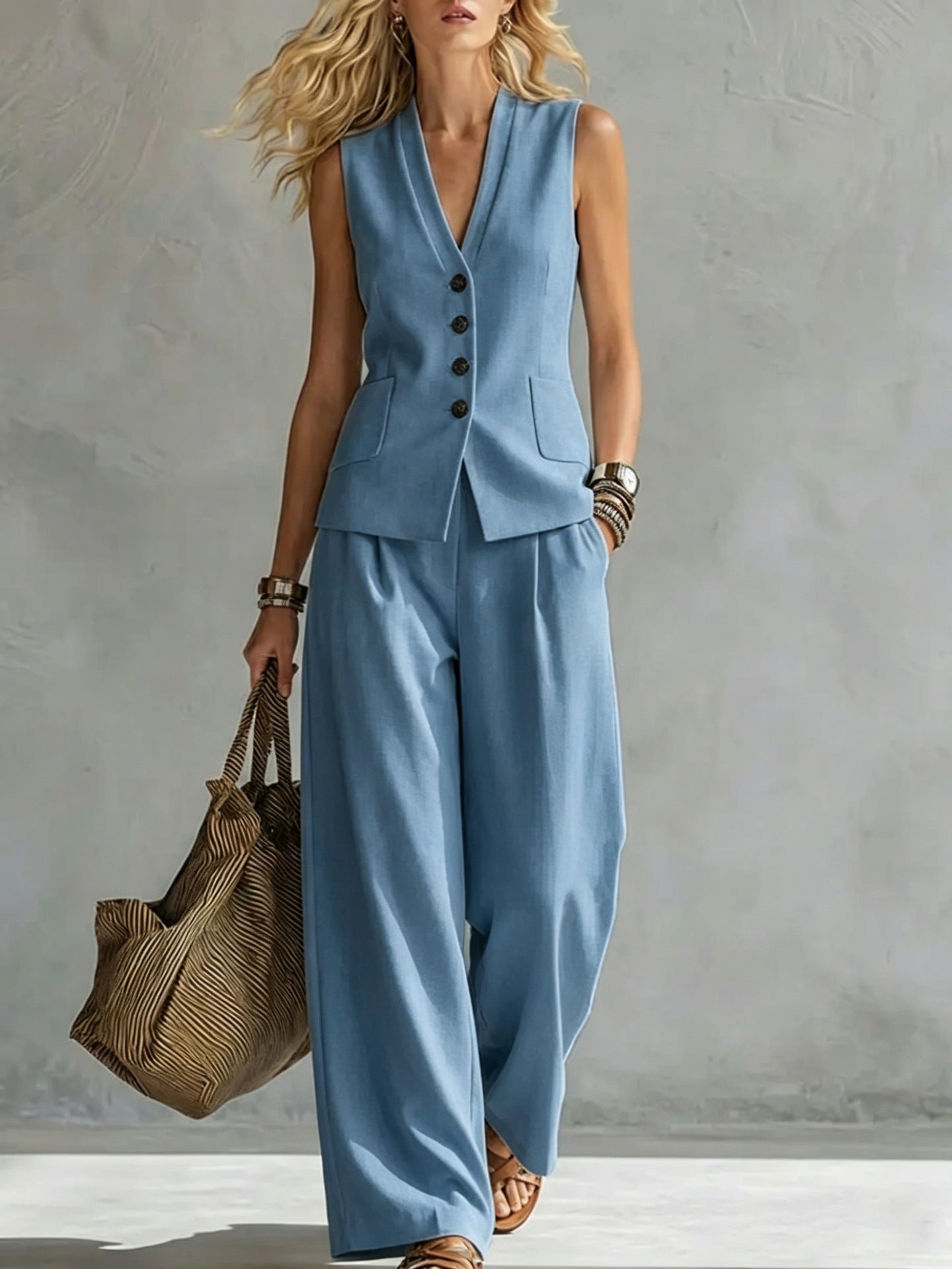 Two-piece V-Neck Sleeveless Vest And Wide Leg Pants For Women Summer Solid-Colored Sleeveless Casual Linen Tank Top And Pants Set NorixaFashion.com