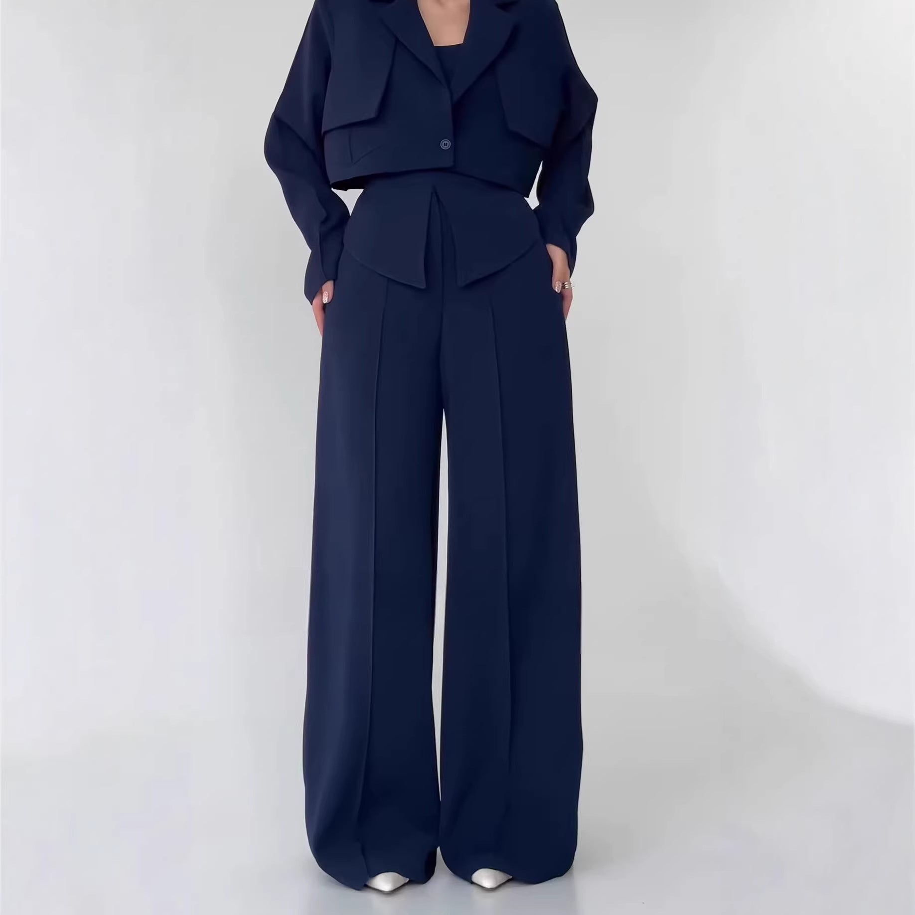 Womens Solid-color Elegant Blazer And Wide-leg Suspender Pants Set NorixaFashion.com