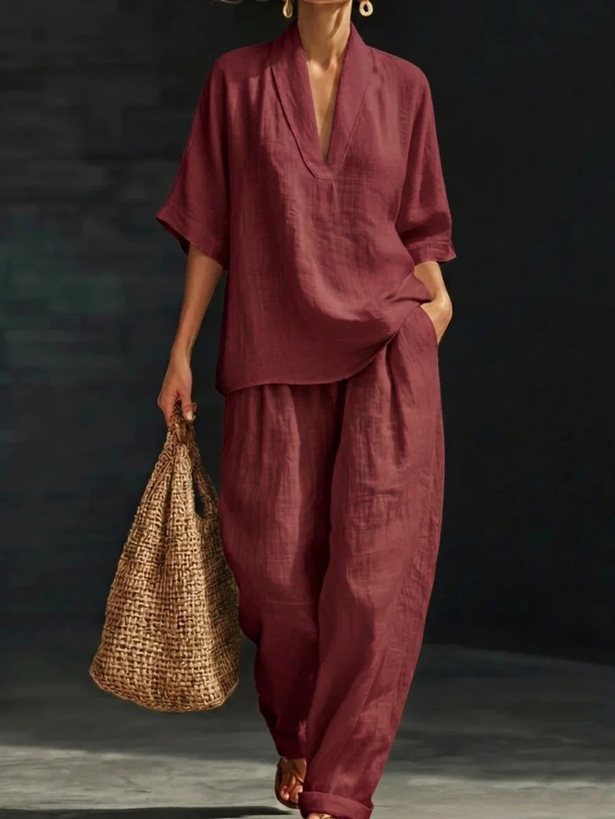 Women's Casual Simple Linen Two-Piece Set NorixaFashion.com