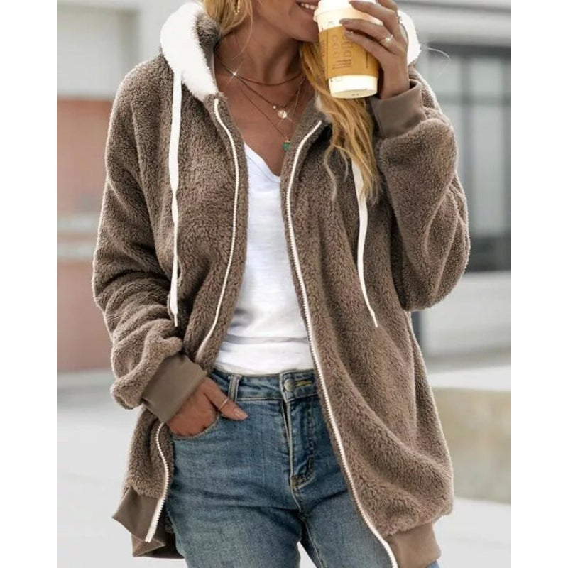 2026 Amazon Hot Selling New Autumn And Winter Loose Plush Zipper Hooded Jacket For Women, Fashionable And Versatile NorixaFashion.com