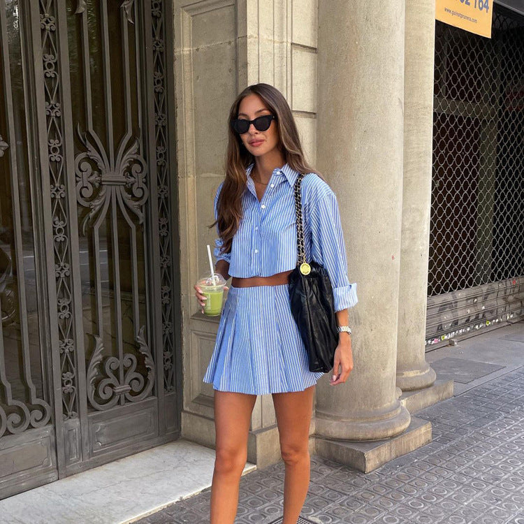 Fashionable Striped Collared Long-sleeved Shirt And Skirt Set NorixaFashion.com
