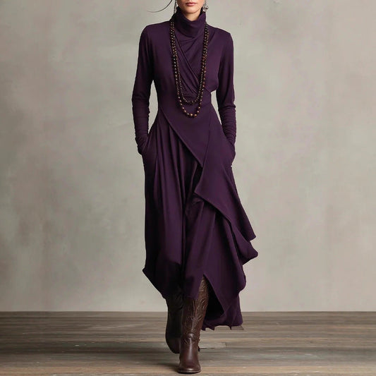 Women's Solid Color Cross-sleeve High-neck Dress LadyShow.Store