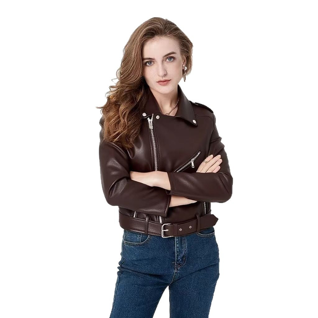 Women's Fashion Diagonal Zipper Slim Fit Washed Motorcycle Jacket LadyShow.Store