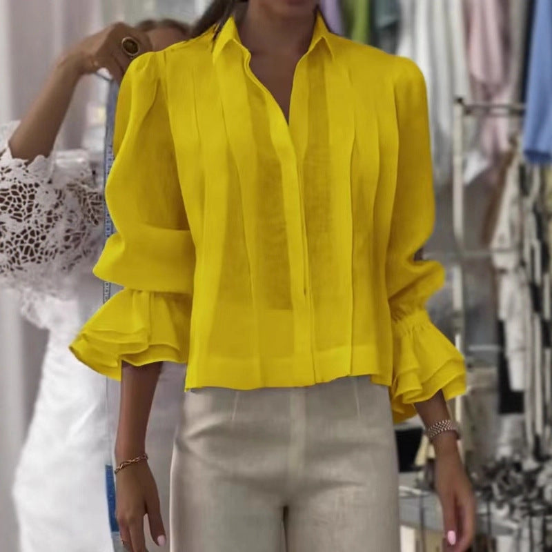 Pleated Solid Color Stitching Short Sleeve Shirt NorixaFashion.com