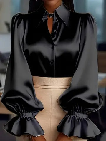 New Stylish Solid-colored Bubble Sleeve Long-sleeve Lapel Satin Shirt For Commuting LadyShow.Store
