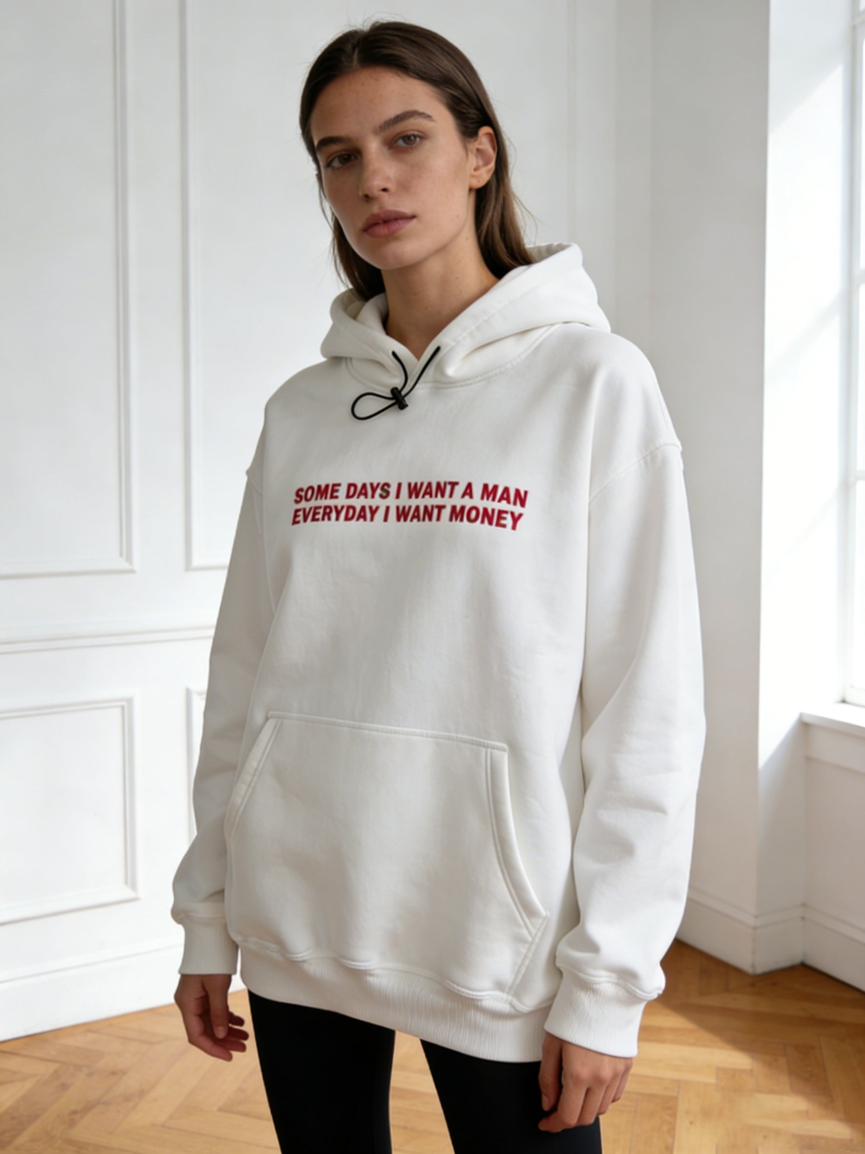 White Oversize Slogan Embroidered Hoodie NorixaFashion.com