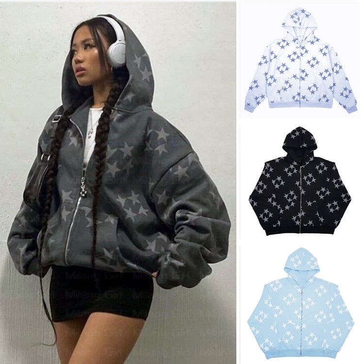 Stars Printed Zipper Hooded Cardigan Couple Fashion Outerwear Hoodies Sweatshirt Street Men Women Coat LadyShow.Store